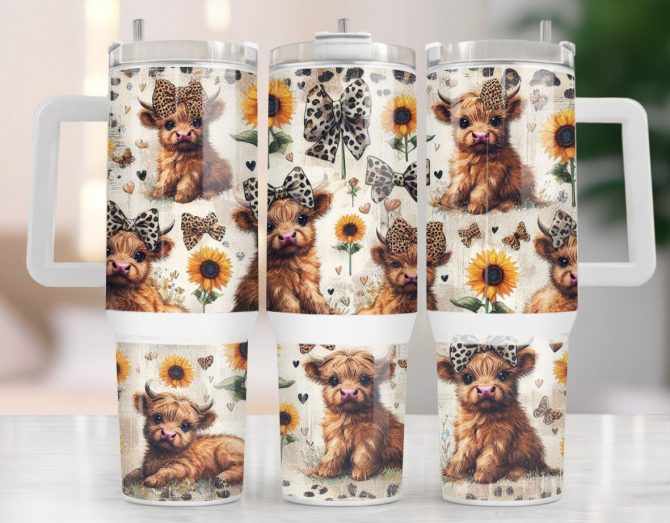 Baby Highland Cow Sunflower Leopard Print Custom Stanley Quencher 40Oz Stainless Steel Tumbler With Handle