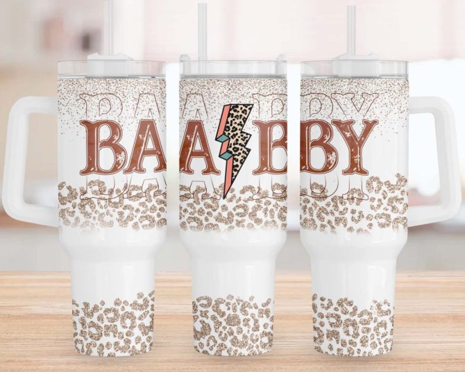 Baby Mother Glitter Leopard Print Custom Stanley Quencher 40Oz Stainless Steel Tumbler With Handle