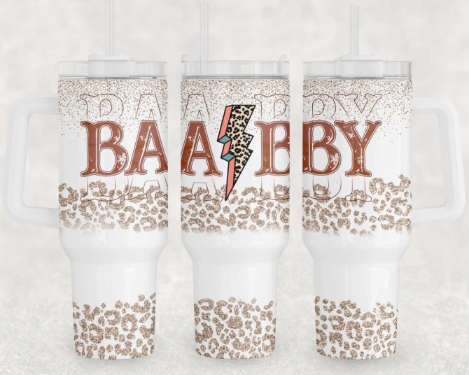 Baby Mother Glitter Leopard Print Custom Stanley Quencher 40Oz Stainless Steel Tumbler With Handle - Image 2