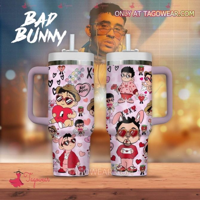 Bad Bunny Chibi Music Custom Stanley Quencher 40Oz Stainless Steel Tumbler With Handle