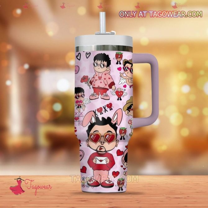 Bad Bunny Chibi Music Custom Stanley Quencher 40Oz Stainless Steel Tumbler With Handle - Image 3