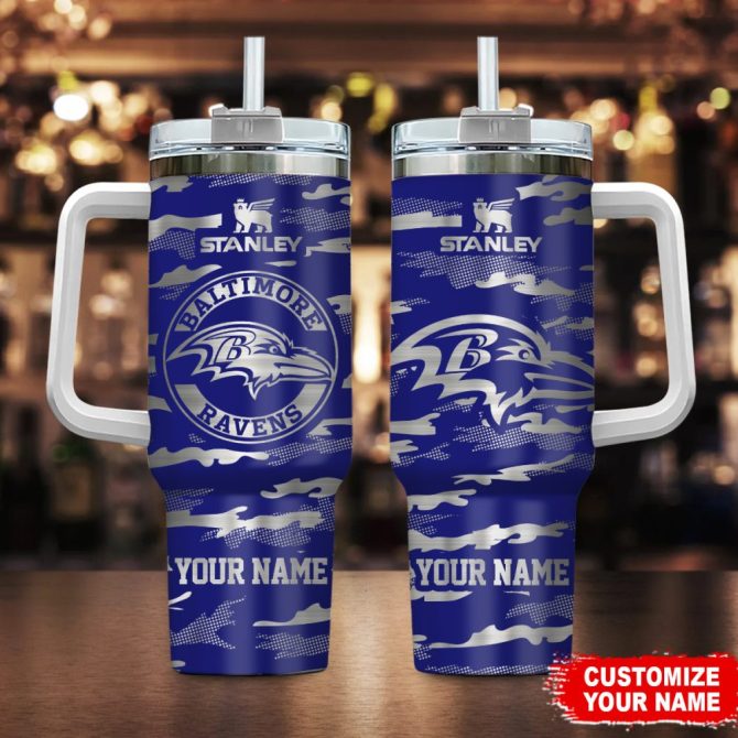 Baltimore Ravens Nfl Camo Pattern Custom Stanley Quencher 40Oz Stainless Steel Tumbler With Handle