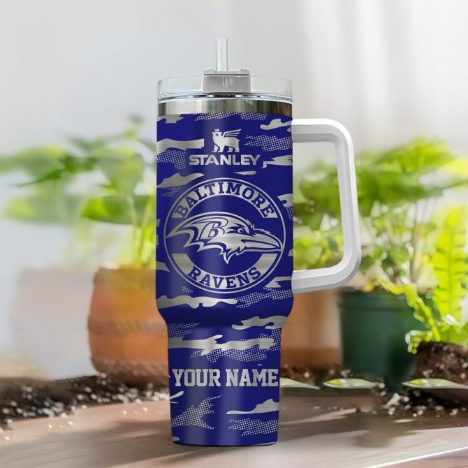 Baltimore Ravens Nfl Camo Pattern Custom Stanley Quencher 40Oz Stainless Steel Tumbler With Handle - Image 2
