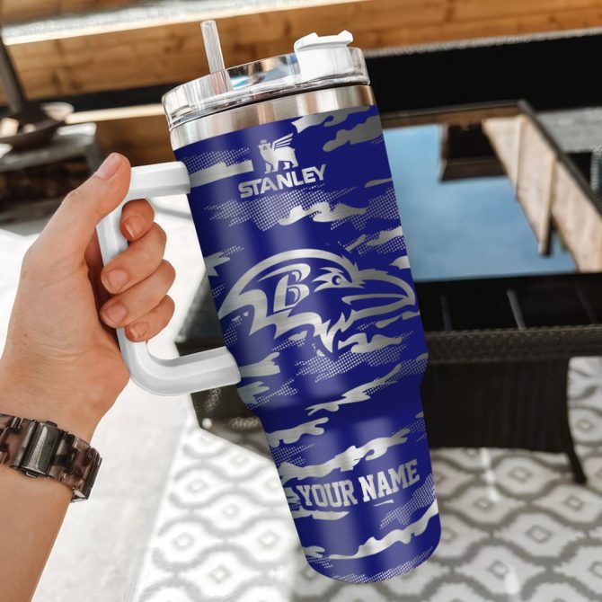 Baltimore Ravens Nfl Camo Pattern Custom Stanley Quencher 40Oz Stainless Steel Tumbler With Handle - Image 3