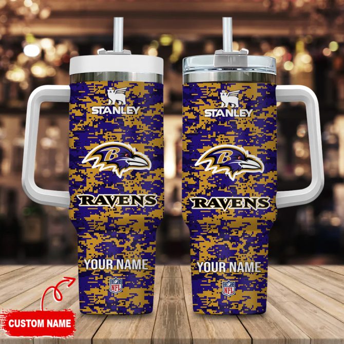 Baltimore Ravens Nfl Camouflage Custom Stanley Quencher 40Oz Stainless Steel Tumbler With Handle