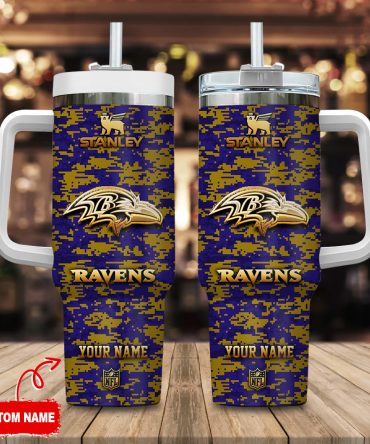 Baltimore Ravens Nfl Camouflage Golden Logo Custom Stanley Quencher 40Oz Stainless Steel Tumbler With Handle