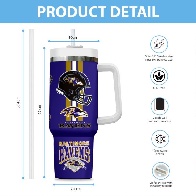 Baltimore Ravens Nfl Custom Stanley Quencher 40Oz Stainless Steel Tumbler With Handle - Image 3