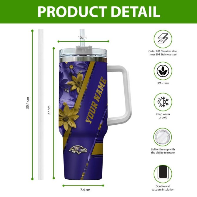 Baltimore Ravens Nfl Custom Stanley Quencher 40Oz Stainless Steel Tumbler With Handle - Image 2