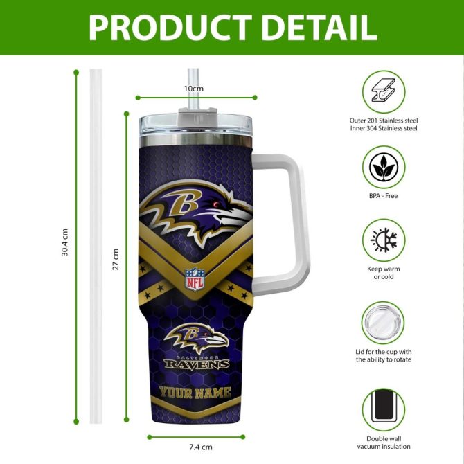 Baltimore Ravens Nfl Custom Stanley Quencher 40Oz Stainless Steel Tumbler With Handle - Image 2