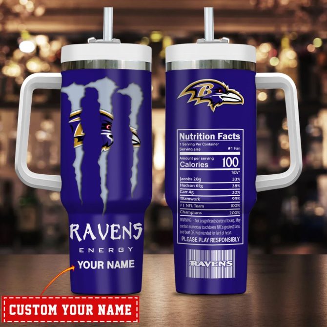 Baltimore Ravens Nfl Energy Nutrition Facts Custom Stanley Quencher 40Oz Stainless Steel Tumbler With Handle