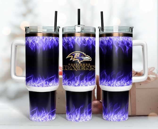 Baltimore Ravens Nfl Fire Effect Custom Stanley Quencher 40Oz Stainless Steel Tumbler With Handle