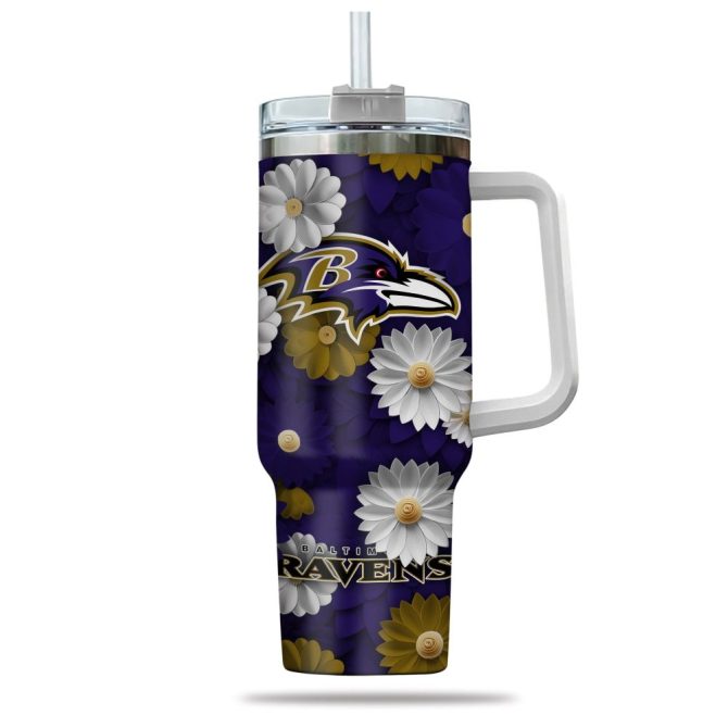 Baltimore Ravens Nfl Flowers Custom Stanley Quencher 40Oz Stainless Steel Tumbler With Handle - Image 2