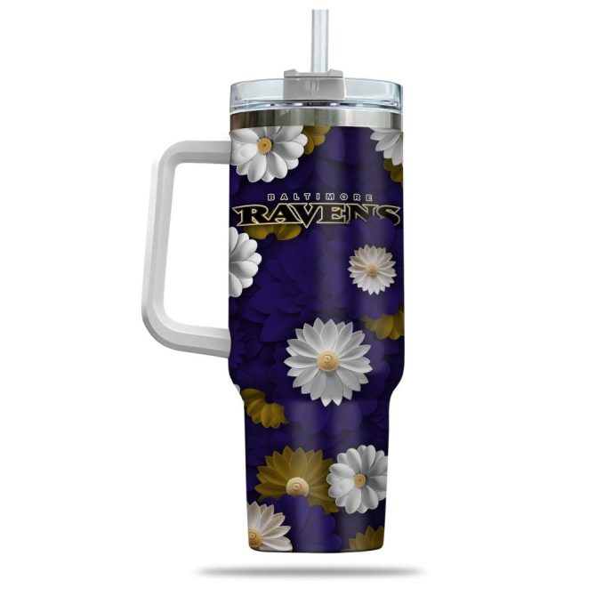 Baltimore Ravens Nfl Flowers Custom Stanley Quencher 40Oz Stainless Steel Tumbler With Handle - Image 3
