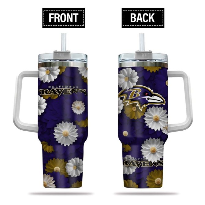 Baltimore Ravens Nfl Flowers Custom Stanley Quencher 40Oz Stainless Steel Tumbler With Handle