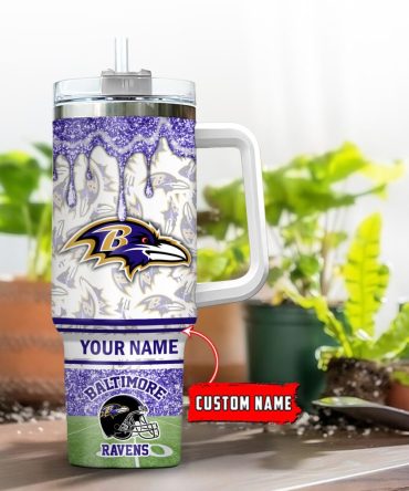 Baltimore Ravens Nfl Glitter Custom Stanley Quencher 40Oz Stainless Steel Tumbler With Handle