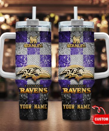 Baltimore Ravens Nfl Glitter Golden Logo Custom Stanley Quencher 40Oz Stainless Steel Tumbler With Handle