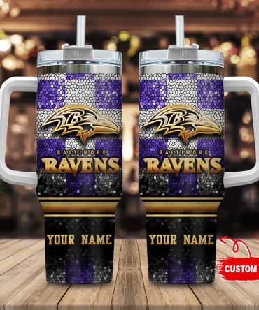 Baltimore Ravens Nfl Glitter Golden Logo Custom Stanley Quencher 40Oz Stainless Steel Tumbler With Handle