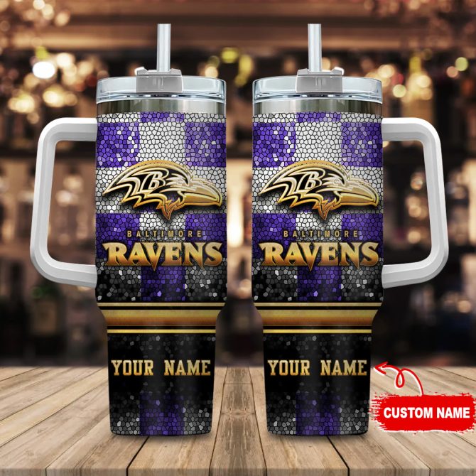 Baltimore Ravens Nfl Glitter Golden Logo Custom Stanley Quencher 40Oz Stainless Steel Tumbler With Handle