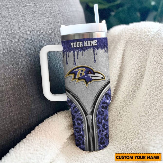 Baltimore Ravens Nfl Glitter Leopard Print Custom Stanley Quencher 40Oz Stainless Steel Tumbler With Handle - Image 3