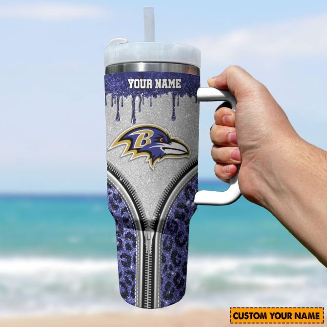 Baltimore Ravens Nfl Glitter Leopard Print Custom Stanley Quencher 40Oz Stainless Steel Tumbler With Handle - Image 2