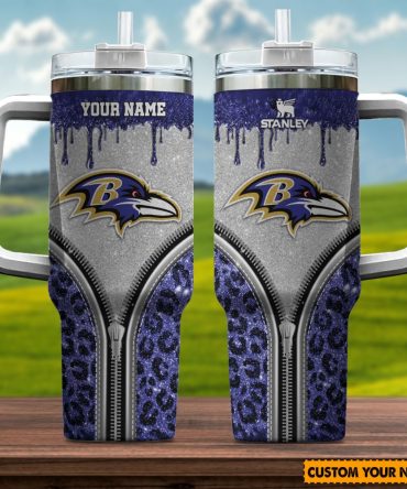 Baltimore Ravens Nfl Glitter Leopard Print Custom Stanley Quencher 40Oz Stainless Steel Tumbler With Handle