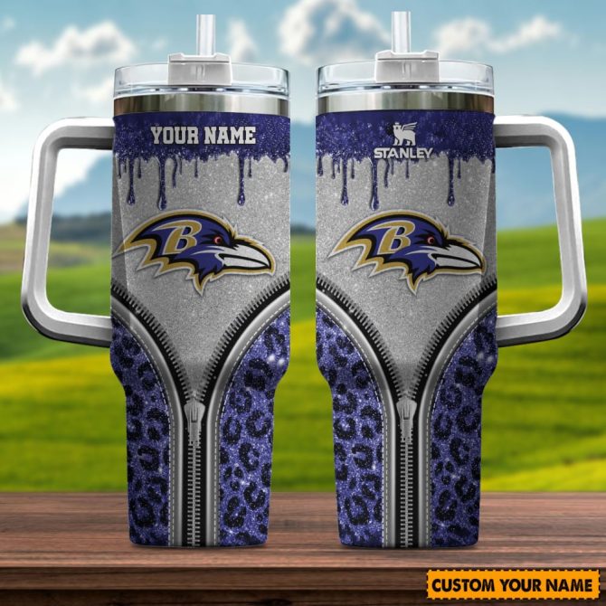 Baltimore Ravens Nfl Glitter Leopard Print Custom Stanley Quencher 40Oz Stainless Steel Tumbler With Handle