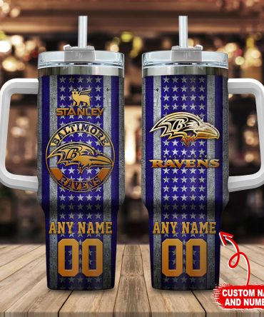 Baltimore Ravens Nfl Golden Logos Us Flag Custom Stanley Quencher 40Oz Stainless Steel Tumbler With Handle