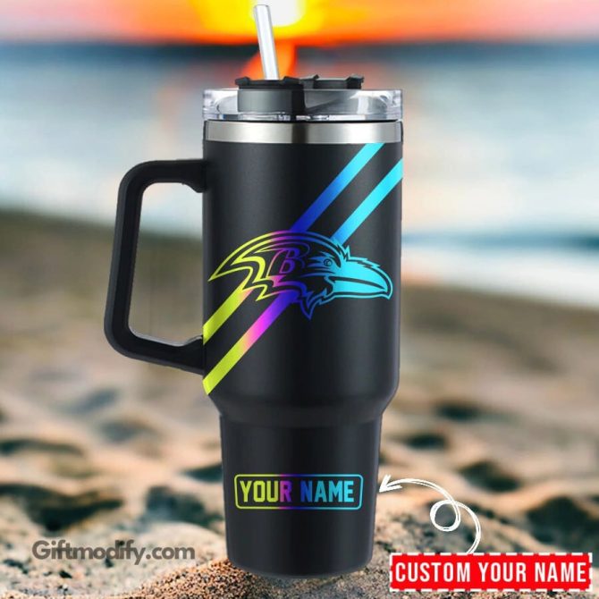 Baltimore Ravens Nfl Hologram Logo Custom Stanley Quencher 40Oz Stainless Steel Tumbler With Handle