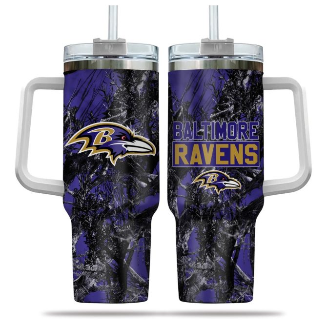 Baltimore Ravens Nfl Hunting Custom Stanley Quencher 40Oz Stainless Steel Tumbler With Handle
