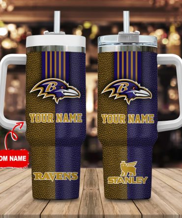 Baltimore Ravens Nfl Leather Effect Custom Stanley Quencher 40Oz Stainless Steel Tumbler With Handle