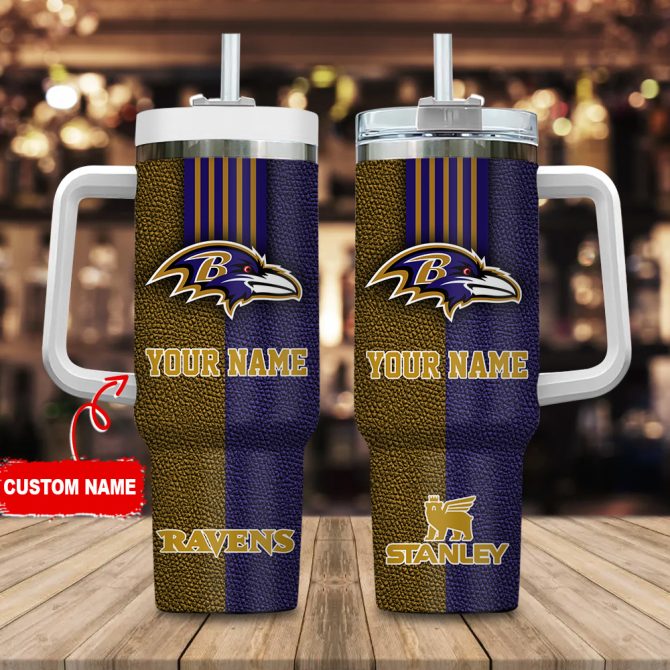 Baltimore Ravens Nfl Leather Effect Custom Stanley Quencher 40Oz Stainless Steel Tumbler With Handle