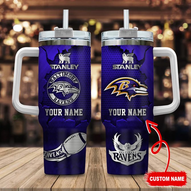 Baltimore Ravens Nfl Metal Style Custom Stanley Quencher 40Oz Stainless Steel Tumbler With Handle