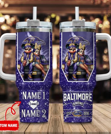 Baltimore Ravens Nfl Mickey And Minnie Couple Custom Stanley Quencher 40Oz Stainless Steel Tumbler With Handle