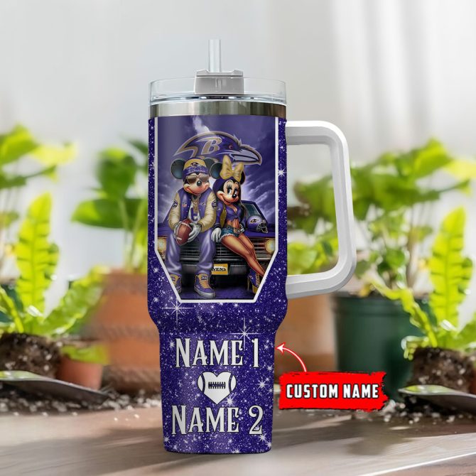 Baltimore Ravens Nfl Mickey And Minnie Couple Custom Stanley Quencher 40Oz Stainless Steel Tumbler With Handle - Image 2