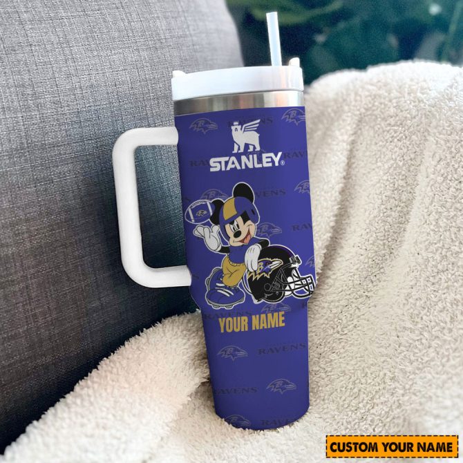 Baltimore Ravens Nfl Mickey Mouse Custom Stanley Quencher 40Oz Stainless Steel Tumbler With Handle - Image 3
