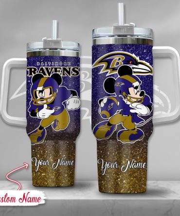 Baltimore Ravens Nfl Mickey Mouse Glitter Custom Stanley Quencher 40Oz Stainless Steel Tumbler With Handle