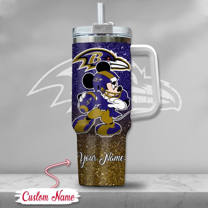Baltimore Ravens Nfl Mickey Mouse Glitter Custom Stanley Quencher 40Oz Stainless Steel Tumbler With Handle - Image 2