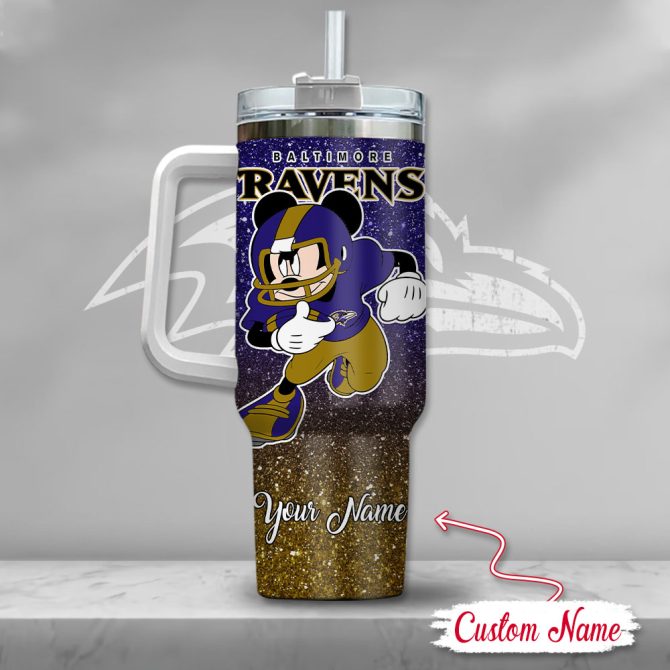 Baltimore Ravens Nfl Mickey Mouse Glitter Custom Stanley Quencher 40Oz Stainless Steel Tumbler With Handle - Image 3