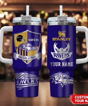 Baltimore Ravens Nfl Silver Logo Custom Stanley Quencher 40Oz Stainless Steel Tumbler With Handle