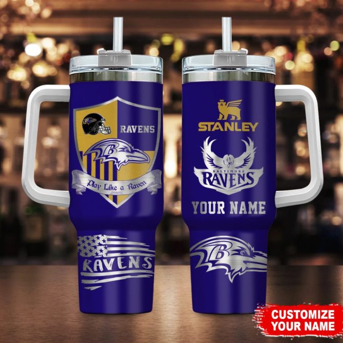 Baltimore Ravens Nfl Silver Logo Custom Stanley Quencher 40Oz Stainless Steel Tumbler With Handle