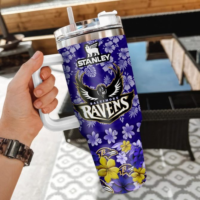 Baltimore Ravens Nfl Tropical Floral Custom Stanley Quencher 40Oz Stainless Steel - Image 3