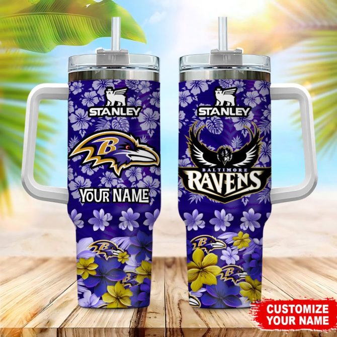 Baltimore Ravens Nfl Tropical Floral Custom Stanley Quencher 40Oz Stainless Steel
