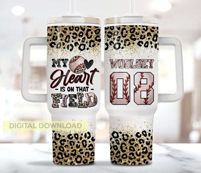 Baseball Glitter Leopard Print Custom Stanley Quencher 40Oz Stainless Steel Tumbler With Handle
