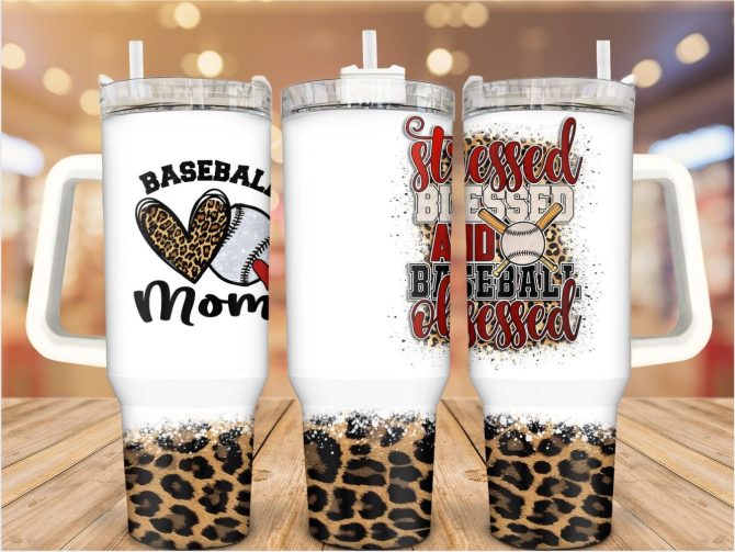 Baseball Leopard Pattern Custom Stanley Quencher 40Oz Stainless Steel Tumbler With Handle
