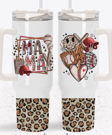 Baseball Mama Glitter Leopard Print Custom Stanley Quencher 40Oz Stainless Steel Tumbler With Handle