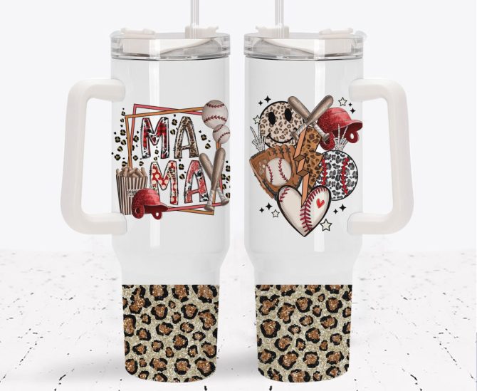 Baseball Mama Glitter Leopard Print Custom Stanley Quencher 40Oz Stainless Steel Tumbler With Handle