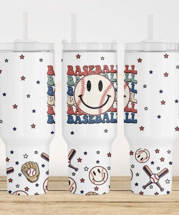 Baseball Retro Smiley Face Custom Stanley Quencher 40Oz Stainless Steel Tumbler With Handle