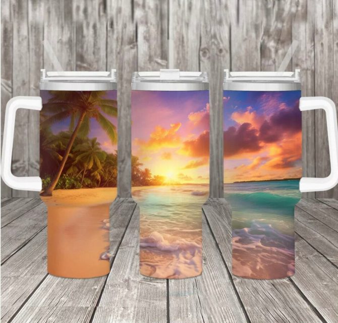 Beach And Sky Custom Stanley Quencher 40Oz Stainless Steel Tumbler With Handle
