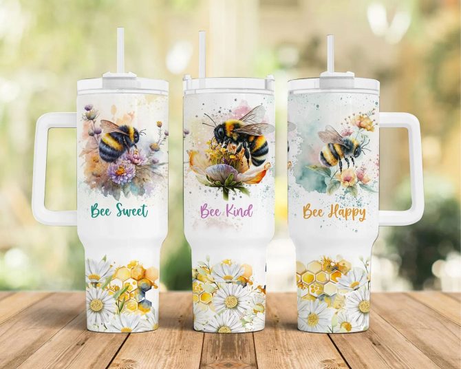 Bee And Flowers Custom Stanley Quencher 40Oz Stainless Steel Tumbler With Handle