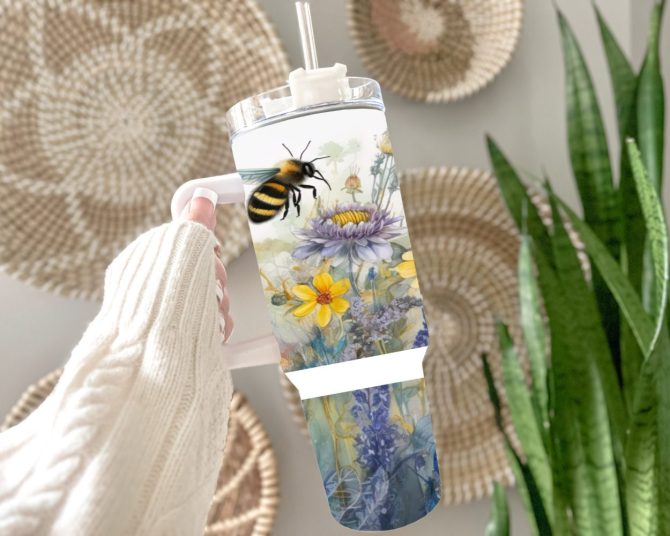 Bee And Wildflowers Custom Stanley Quencher 40Oz Stainless Steel Tumbler With Handle - Image 3